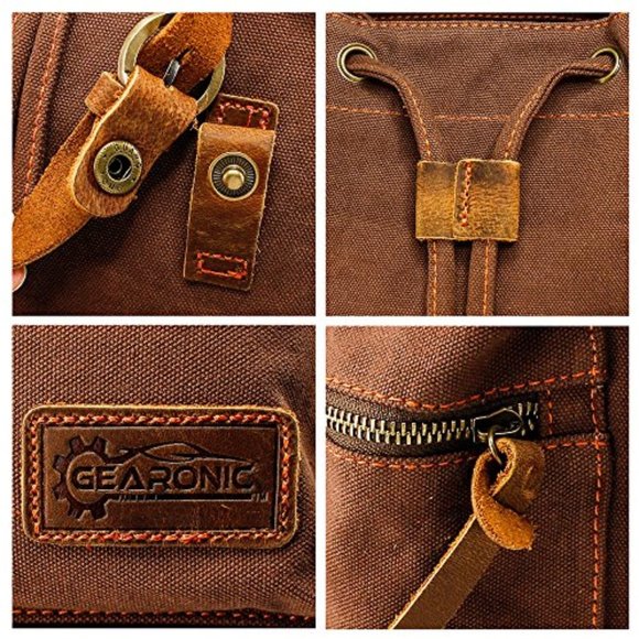 NEW GEARONIC TM 21L Vintage Canvas Backpack for Men Leather Rucksack Knapsack - Picture 6 of 6